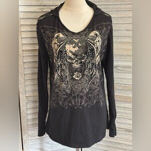 LOS ANGELES BUS STOPWomen’s SZ LG LongSleeve Studded Hooded Top Wings&Skulls Y2K